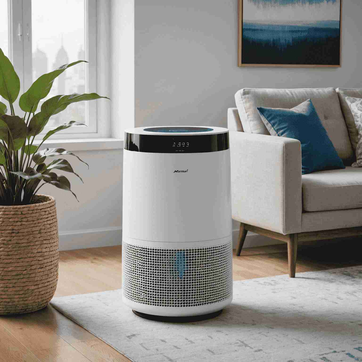 Современный воздухоочиститель TechAirsSystems в интерьере гостиной. Устройство имеет обтекаемую форму, выполнено в белом цвете с голубыми акцентами. На переднем плане виден дисплей с показателями качества воздуха.