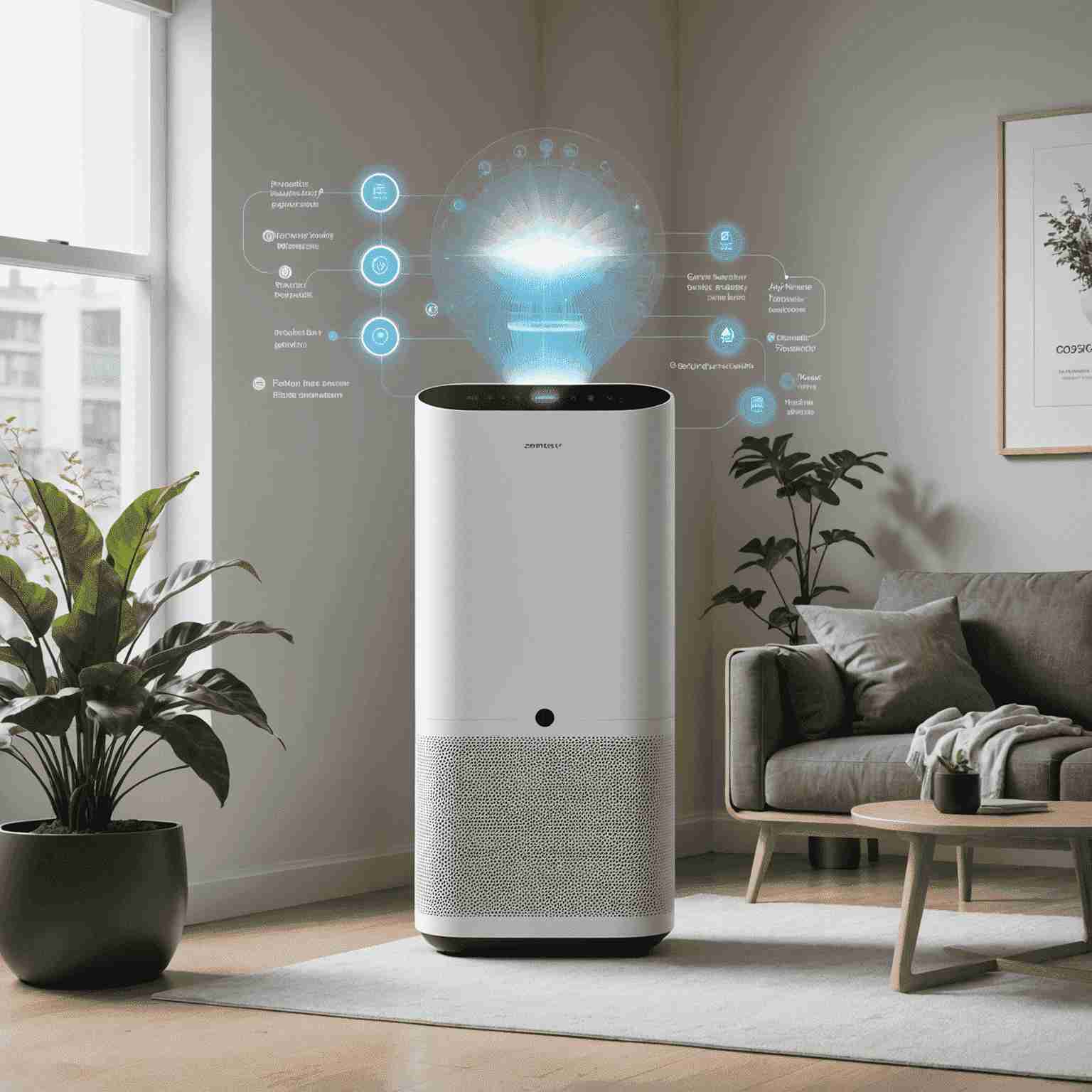 Схема работы умного воздухоочистителя с AI, показывающая процесс анализа данных и адаптивной очистки воздуха